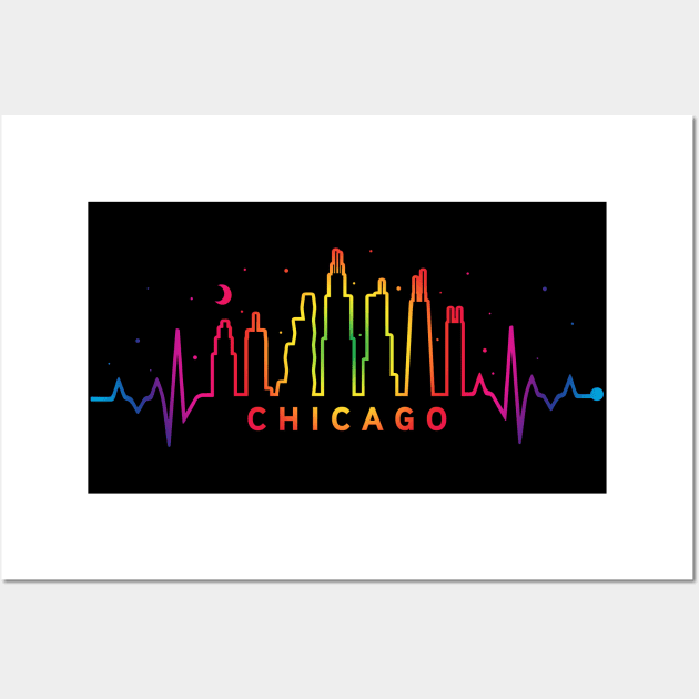 Chicago Pride City Skyline EKG Heartbeat Rainbow Night Wall Art by TeeCreations